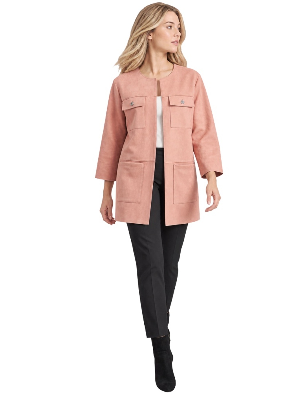 Ruby Rd. Duster Coat Jacket Open Front Pale Pink Bracelet Sleeve Four Pockets